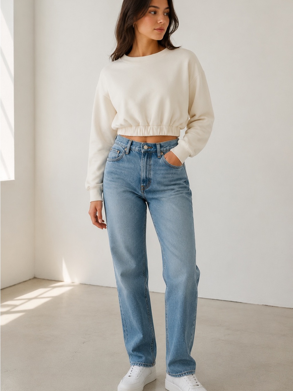 OAK + FORT Cream Cropped Elastic-Hem Sweatshirt - Size XS